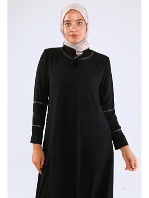 Siyah Kol Ve Yaka Nakışlı Yazlık Keten Ferace Siyah Kol Ve Yaka Nakışlı Yazlık Keten Ferace