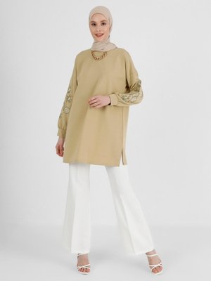 Kolları Nakışlı Sweatshirt Zeytin Yeşili