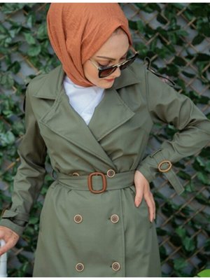 Haki Düğmeli Kemer Detaylı Trençkot