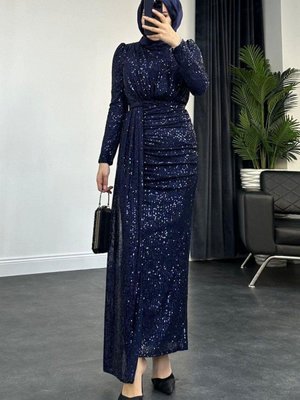 Ada Pullu Abiye Elbise Lacivert