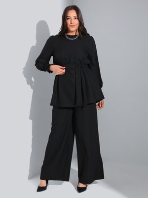 Bağlama Detaylı Büyük Beden Takım Siyah