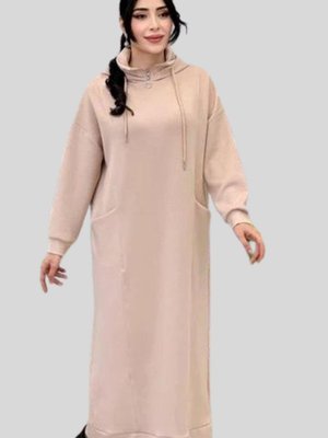 Bej Yakası Fermuarlı Dik Yaka Kapüşonlu Uzun Spor Elbise Bej Yakası Fermuarlı Dik Yaka Kapüşonlu Uzun Spor Elbise