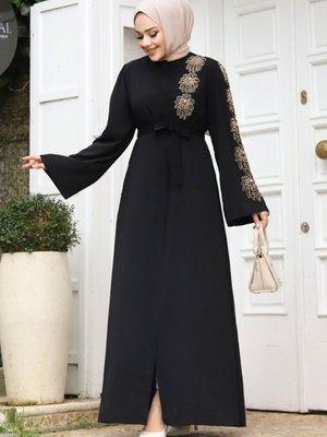 Kolu Boncuk İşlemeli Kuşaklı Ferace Siyah