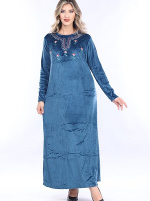 İndigo Yaka Nakış İşleme Detaylı Kadife Elbise