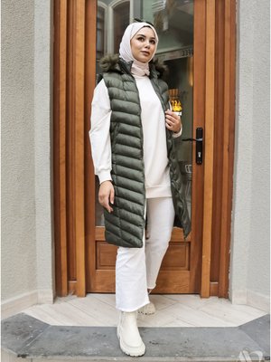 Kürklü Kapüşonlu Uzun Şişme Yelek