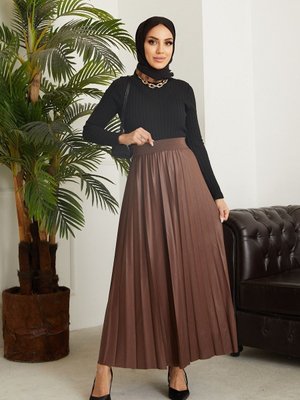 Bel Lastikli Piliseli Etek Kahve Bel Lastikli Piliseli Etek Kahve