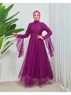 Yıldız Desen Kolları Asimetrik Tesetür Abiye Elbise