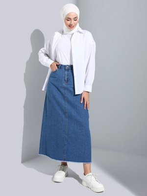 Cep Detaylı Denim Etek Mavi