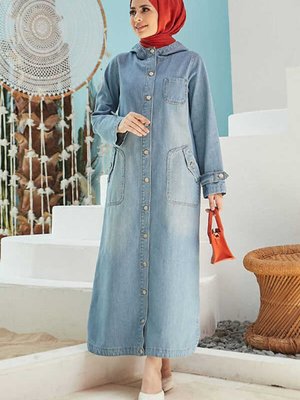 Kapşonlu Denim Kap Mavi