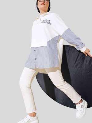 Ekru Dik Yaka Oversize Çizgili Tunik Ekru Dik Yaka Oversize Çizgili Tunik