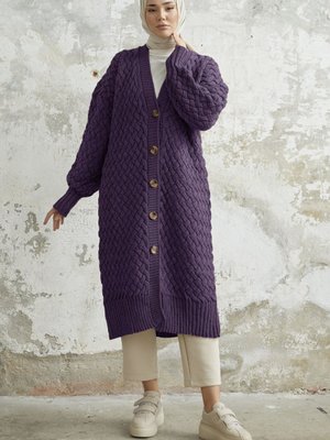 Arene Uzun Örgülü Düğmeli Triko Hırka Mor Arene Uzun Örgülü Düğmeli Triko Hırka Mor