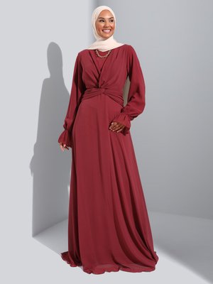 Düğüm Detaylı Şifon Abiye Elbise Kızıl