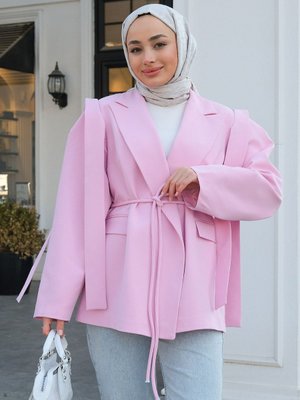 Bel Bağlamalı Omuz Vatkalı Blazer Ceket Pembe