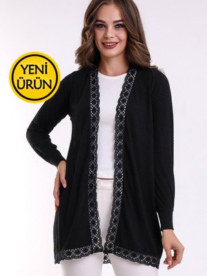 Siyah Italyan Reglan Kol/yaka Dantel Detay Penye Esnek Uzun Kaftan & Hırka Siyah Italyan Reglan Kol/yaka Dantel Detay Penye Esnek Uzun Kaftan & Hırka