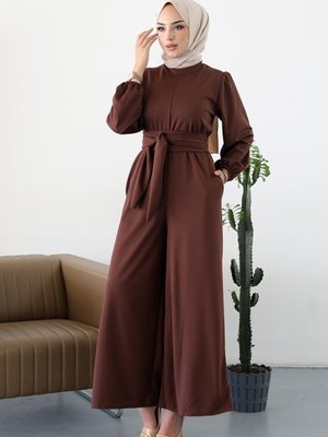 Fulya Kolları Lastikli Kemerli Tulum Kahve