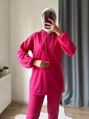 Neon Fermuarlı Kapüşonlu Eşofman Takımı Fuşya Neon Fermuarlı Kapüşonlu Eşofman Takımı Fuşya