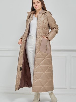 Çıkabilir Kapüşonlu Kaşe Detaylı Uzun Kapitone Kap Vizon