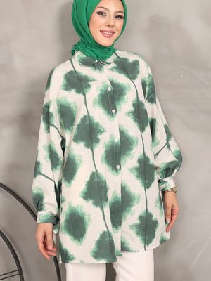 Yeşil Desenli Kol Bağlamalı Keten Gömlek