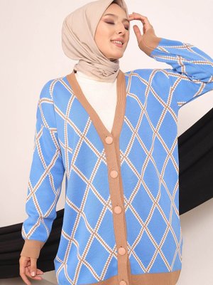 Mavi Modest Düğmeli Desenli Triko Hırka
