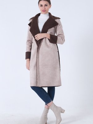 Bej Süet Kumaş Kemerli Kaban