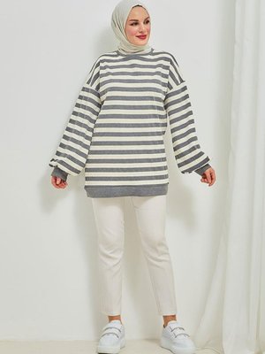 Orta Çizgili Salaş Sweatshırt Füme