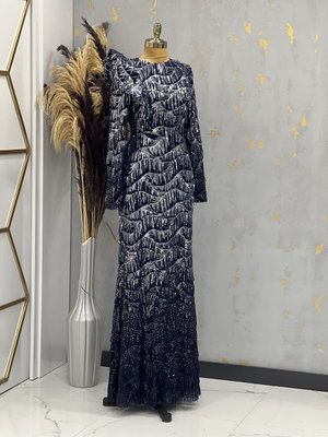 Püsküllü Eylül Abiye Elbise Lacivert