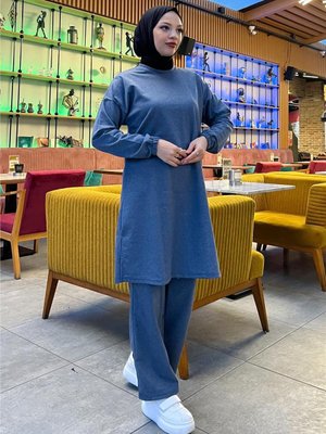 Yırtmaçlı Bisiklet Yaka Sade Basic Eşofman Spor İkili Takım İndigo