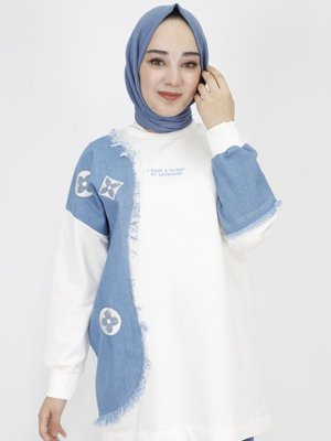 İp Kumaş Kot Garnili Ve Nakış Detaylı Sweatshirt