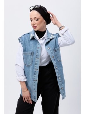 Mavı Düğmeli Cepli Kot Yelek