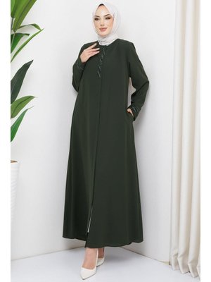 Haki Burma Taş Detaylı Büyük Beden Ferace