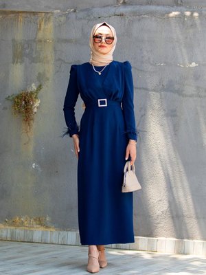 Jely Tüy Kol Detay Özel Gün Elbisesi Lacivert