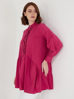 Fuşya Dik Yaka Düğmeli Fırfırlı Gömlek