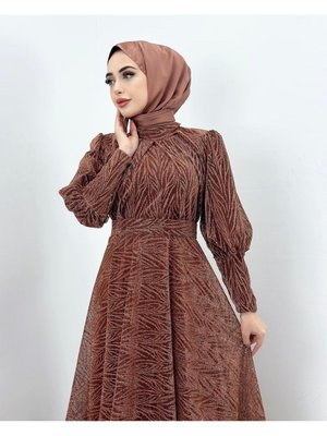 Kendinden Desenli Simli Dokuma Tül Abiye Elbise Merveplume