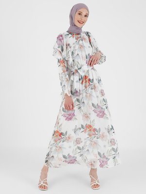 Ekru Yeşil Volan Detaylı Çiçekli Şifon Elbise