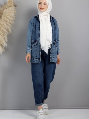 Önü Cepli Kot Ceket Mavi