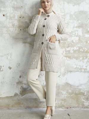 Mosya Cepli Düğmeli Triko Hırka Ekru