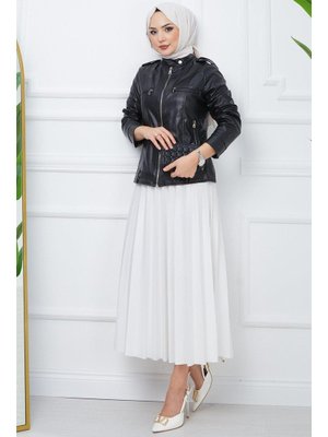 Siyah Fermuarlı Hakim Yaka Suni Deri Ceket Siyah Fermuarlı Hakim Yaka Suni Deri Ceket