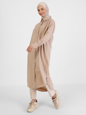 Poplin Boydan Düğmeli Tunik Nude