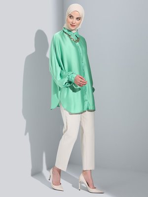 Yeşil Yarasa Kollu Düğmeli Saten Tunik