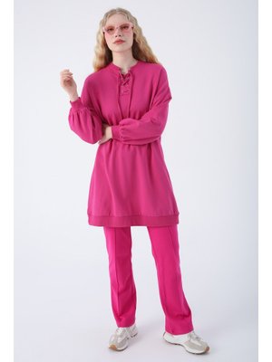 Fuşya Pamuklu Yakası Bağcık Detaylı Rahat Kalıp Sweat Tunik