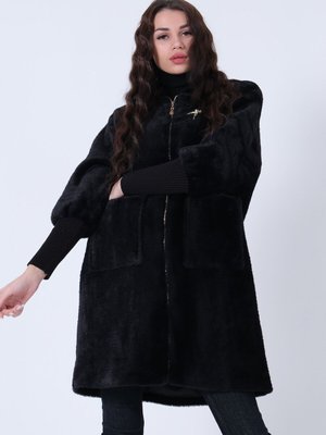 Siyah Kapüşonlu Peluş Mont