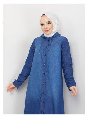 Denim Kapüşonlu Kap Denin Pardesü Koyu Mavi