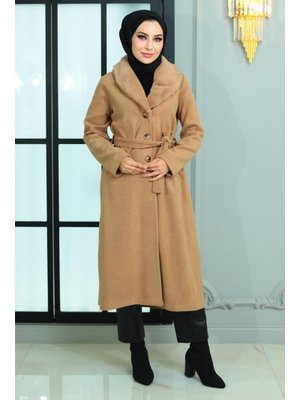 Vizon Geniş Kürk Yakalı Kaşe Kaban