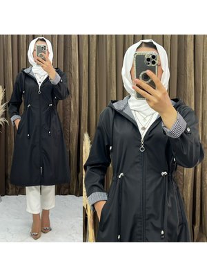 Siyah Kapüşonlu Beli Kordonlu Fermuarlı Trençkot Siyah Kapüşonlu Beli Kordonlu Fermuarlı Trençkot