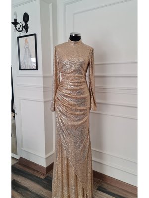 Gold Bej Renkte, Payet Kumaştan,drapeli, Balık Elbise