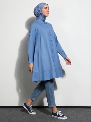 İndigo Oxford Kumaştan Düğmeli Mevlana Bluz/ Gömlek