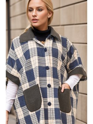 İndigo Düğmeli Ekose Desenli Panço