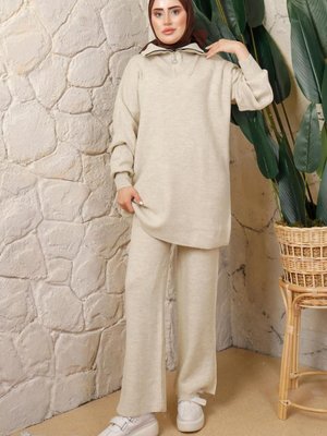Bej (taş) Fermuar Yaka Pantolonlu Triko Takım T