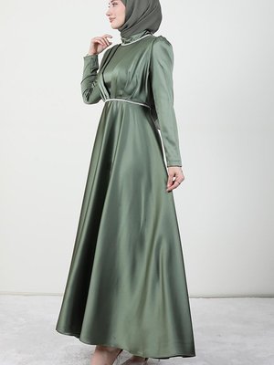 Yaka Taş Saten Abiye Elbise Açık Haki Yaka Taş Saten Abiye Elbise Açık Haki