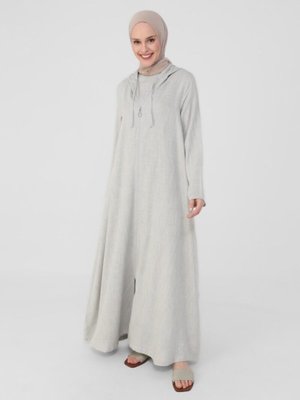 Keten Görünümlü Gizli Cepli Kapüşonlu Ferace Kimono Su Yeşili